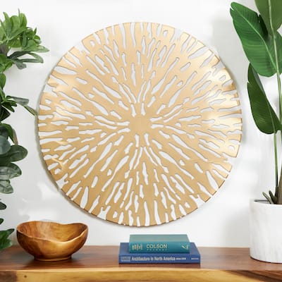 Gold Wooden Abstract Carved Circle Starburst Home Wall Decor with White Backing
