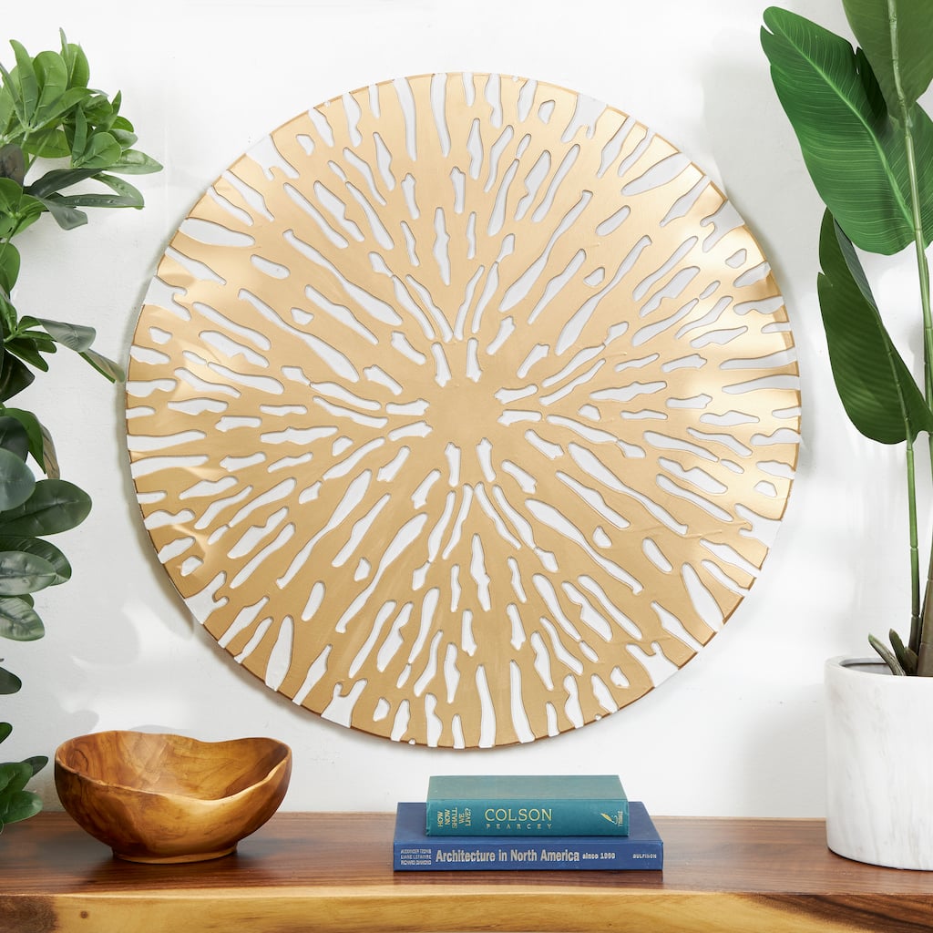 Gold Wooden Abstract Carved Circle Starburst Home Wall Decor with White Backing