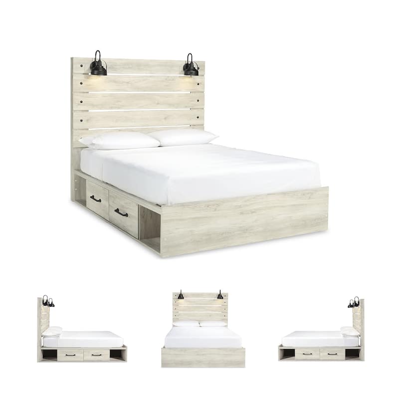 Cambeck Whitewash Panel Bed With 2 Under Bed Storage Drawers