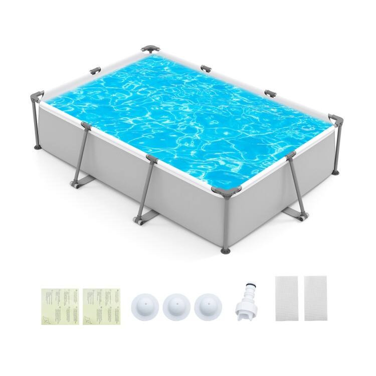 Blue-Grey PVC Metal Family Outdoor Ground Swimming Pool with Drain and Sturdy Frame - 10 ft