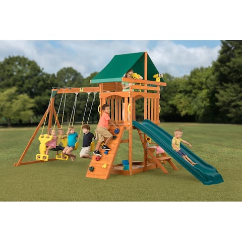 Sky View Wooden Swing Set with Slide, Glider, Picnic Table, and Playset Accessories