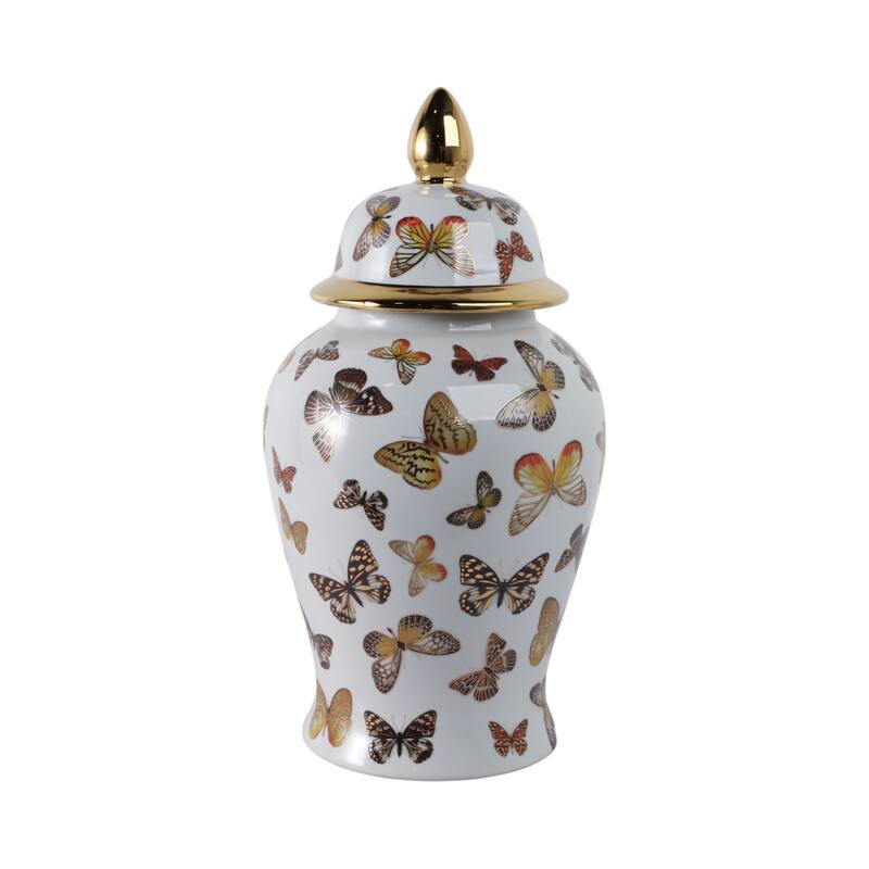 Ceramic Decorative Temple Jar with Lid and Metallic Butterfly Motif