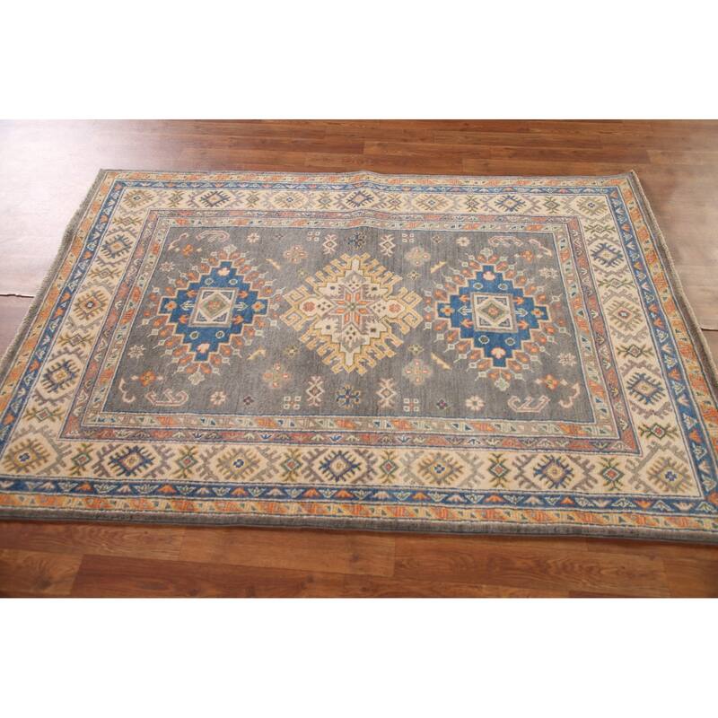 Geometric Kazak Oriental Area Rug Hand-Knotted Wool Carpet - 4'1"x 6'0"