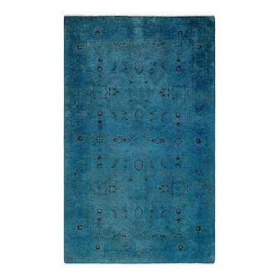 Overton Hand Knotted Wool Vintage Inspired Modern Contemporary Overdyed Blue Area Rug - 4' 1" x 6' 8"