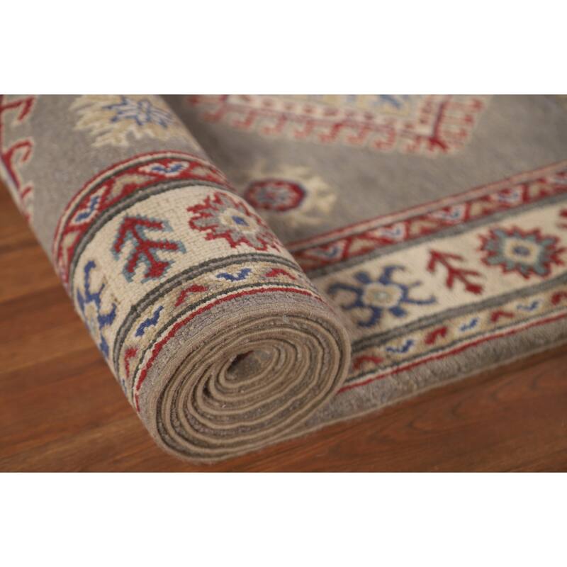 Geometric Grey Kazak Runner Rug Handmade Wool Carpet - 2'10" x 19'7"