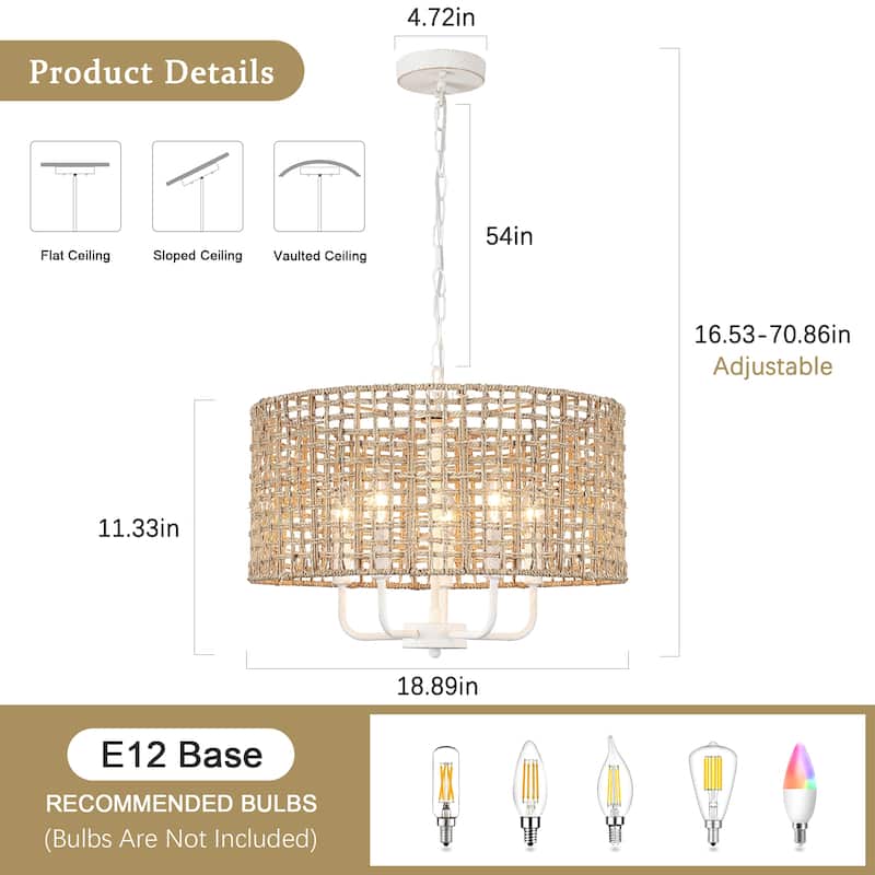 5-Light 18.89-inch Rattan Drum Chandelier for Living Room Kitchen