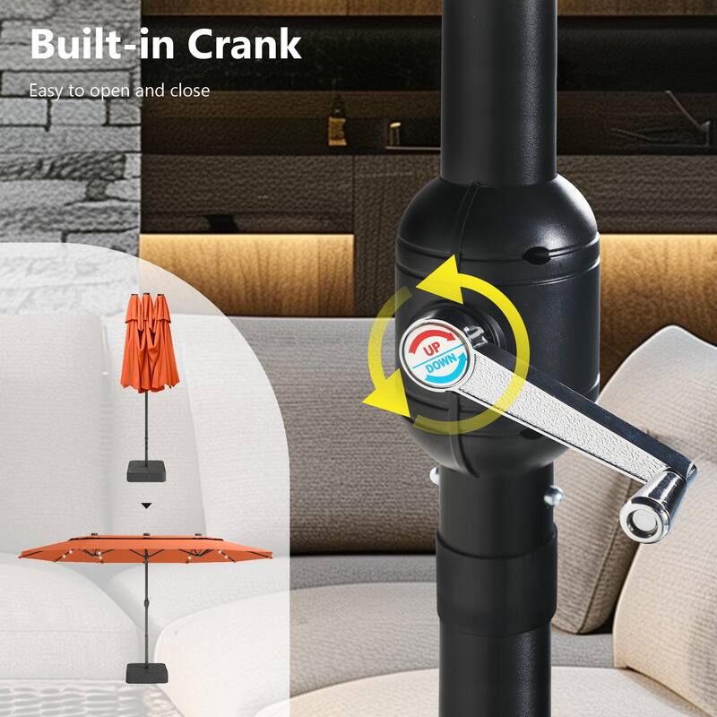 MAISON ARTS 15ft 2-Tier Large Patio Umbrella with Solar Lights, Double-Sided Outdoor Market Umbrellas with Base Included