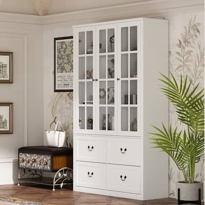 78.7"H Combo Glass Doors Display Cabinet Wooden Bookshelf Organizer