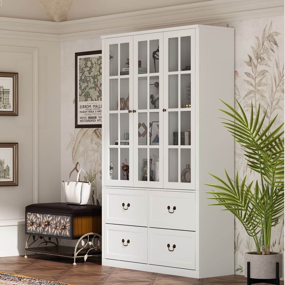 78.7"H Combo Glass Doors Display Cabinet Wooden Bookshelf Organizer