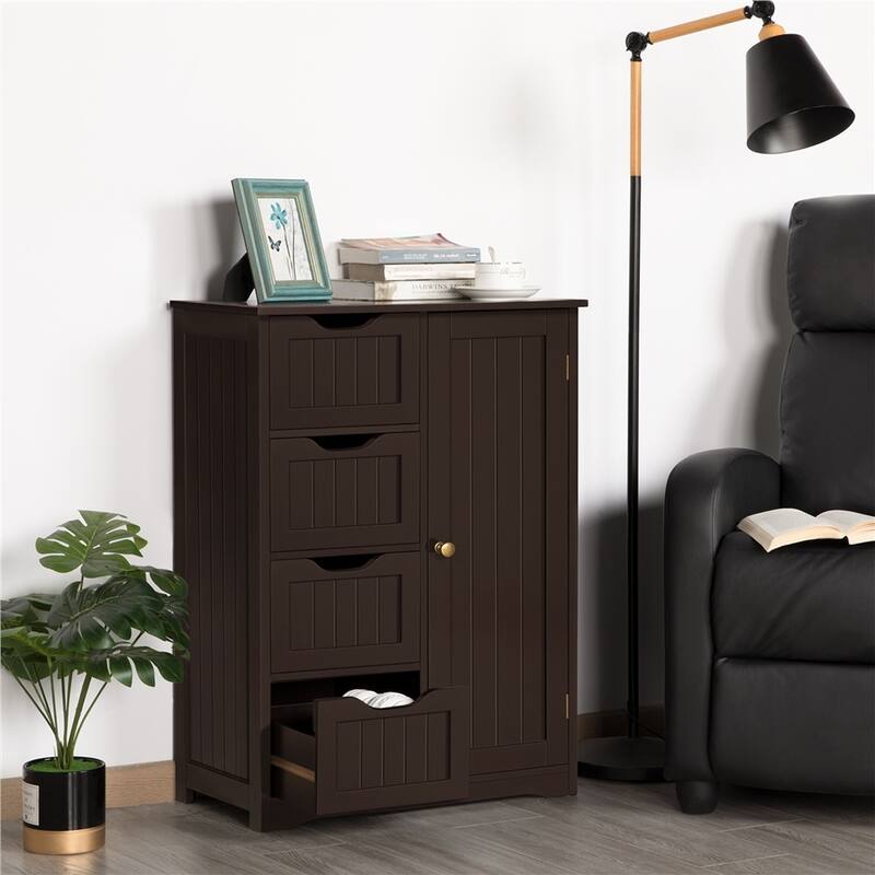 Yaheetech Large Bathroom Storage Cabinet Free-Standing Floor Cabinet with 4 Drawers and 1 Cupboard - N/A