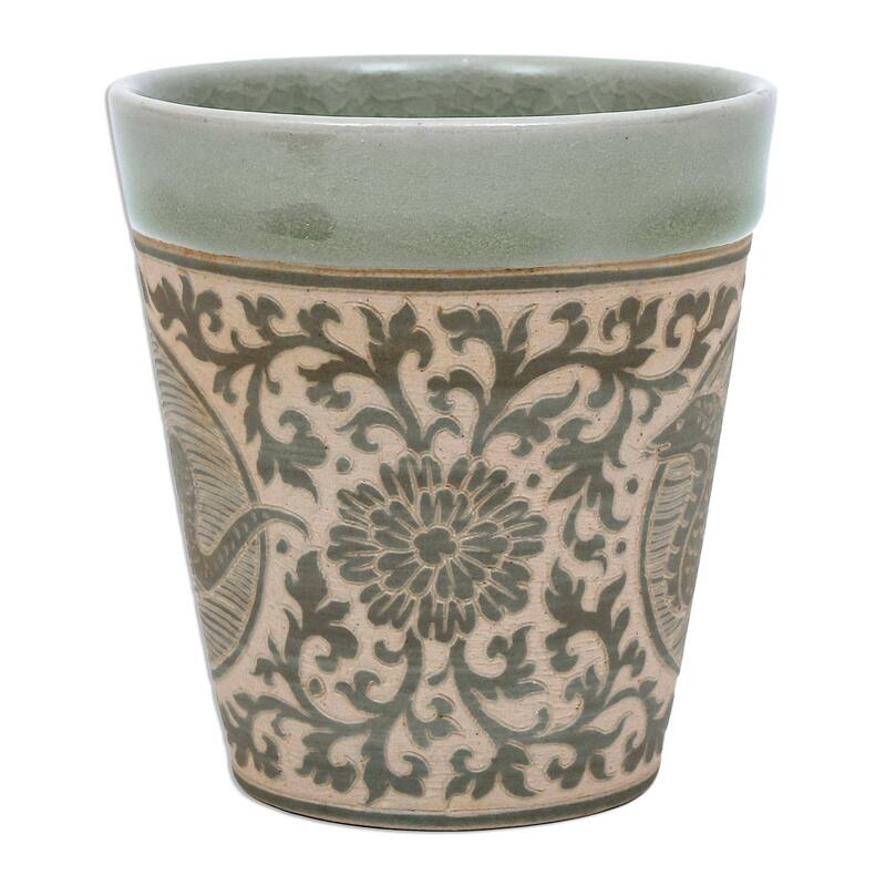 Handmade Thai Zodiac Snake Celadon ceramic mug (Thailand)