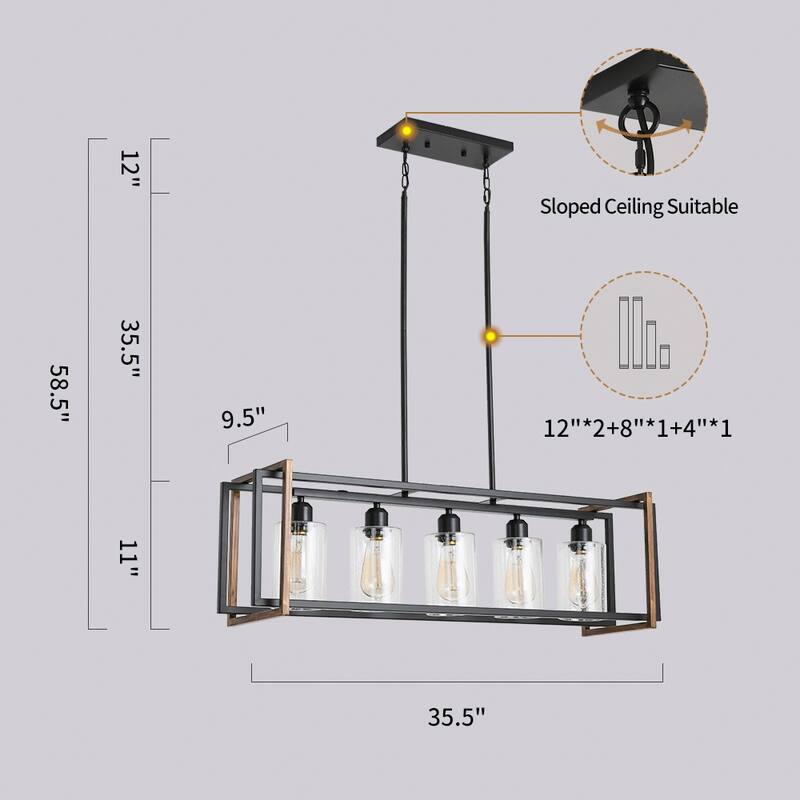 5-Light Rectangle Farmhouse Pendant Light Open Metal Frame with Glass Shade