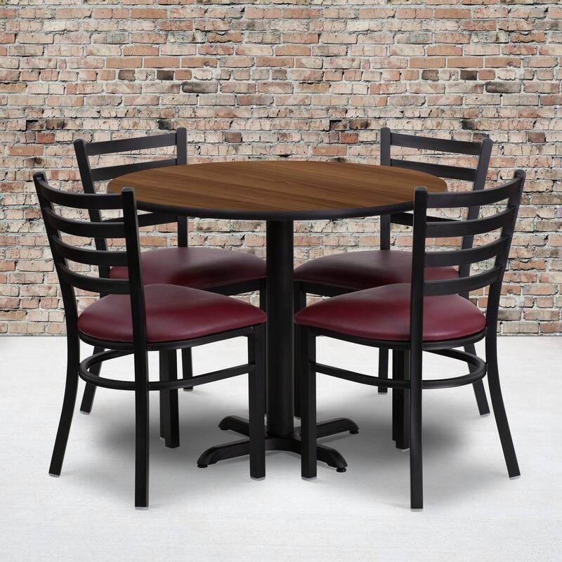 36'' Round Laminate Table Set with X-Base and 4 Ladder Back Metal Chairs