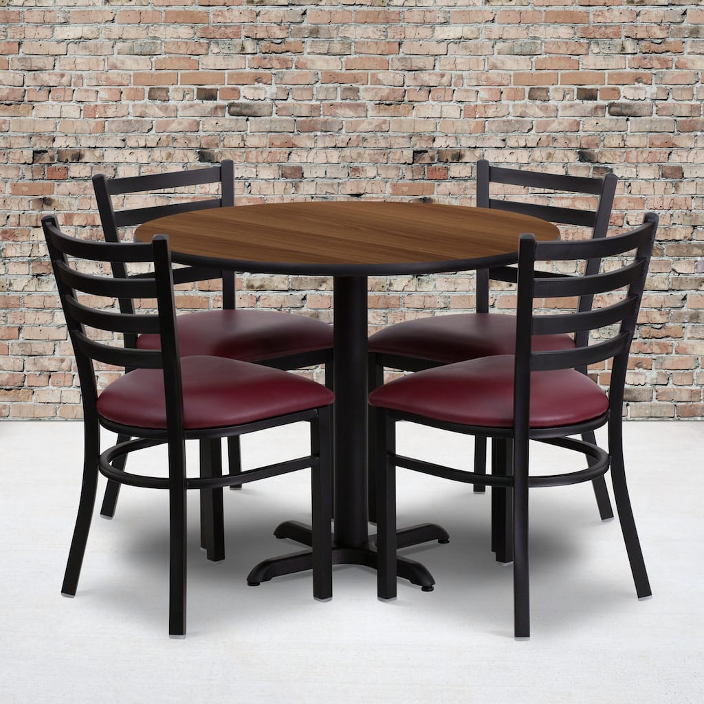 36'' Round Laminate Table Set with X-Base and 4 Ladder Back Metal Chairs