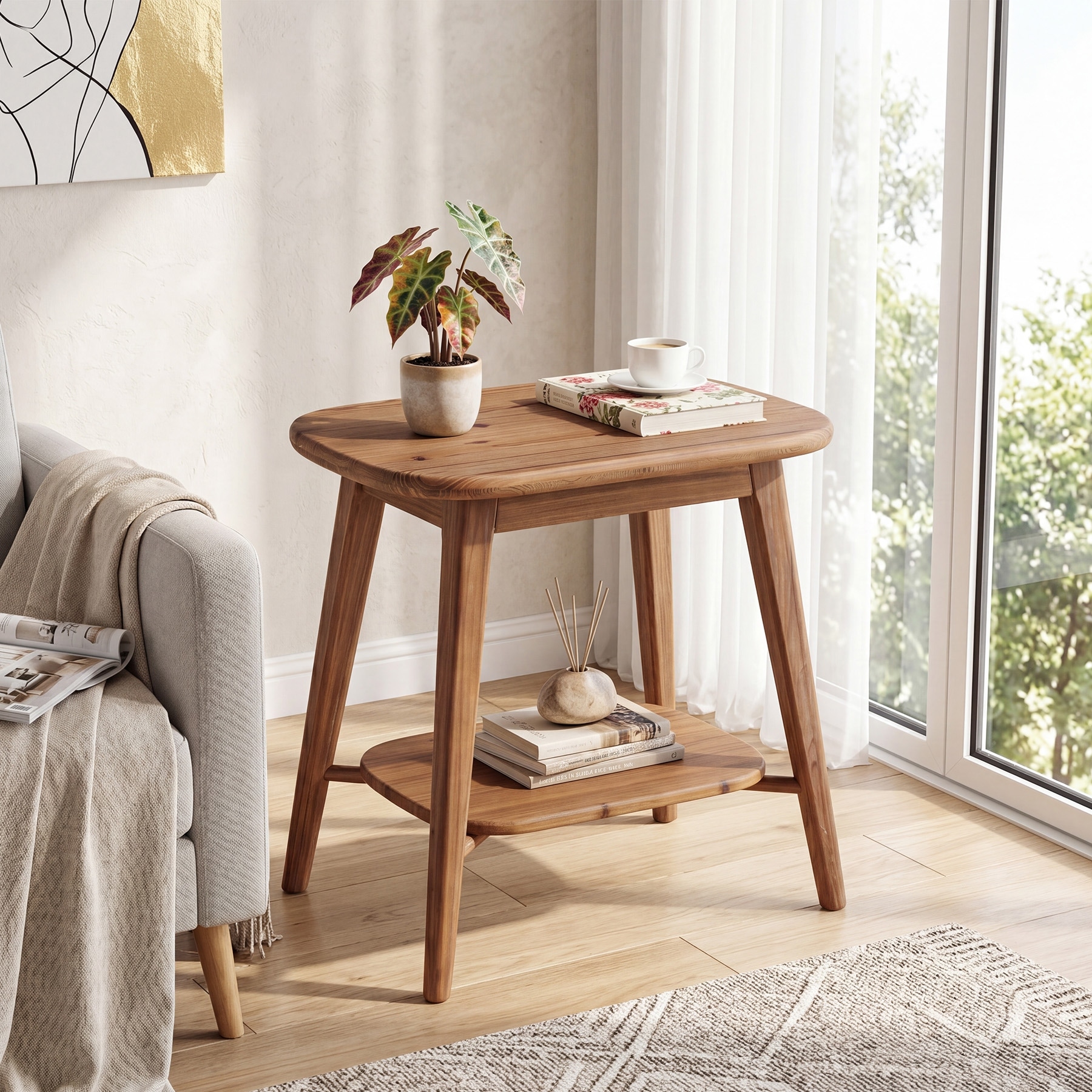 Solid Wood End Table, Rectangle Farmhouse Side Table