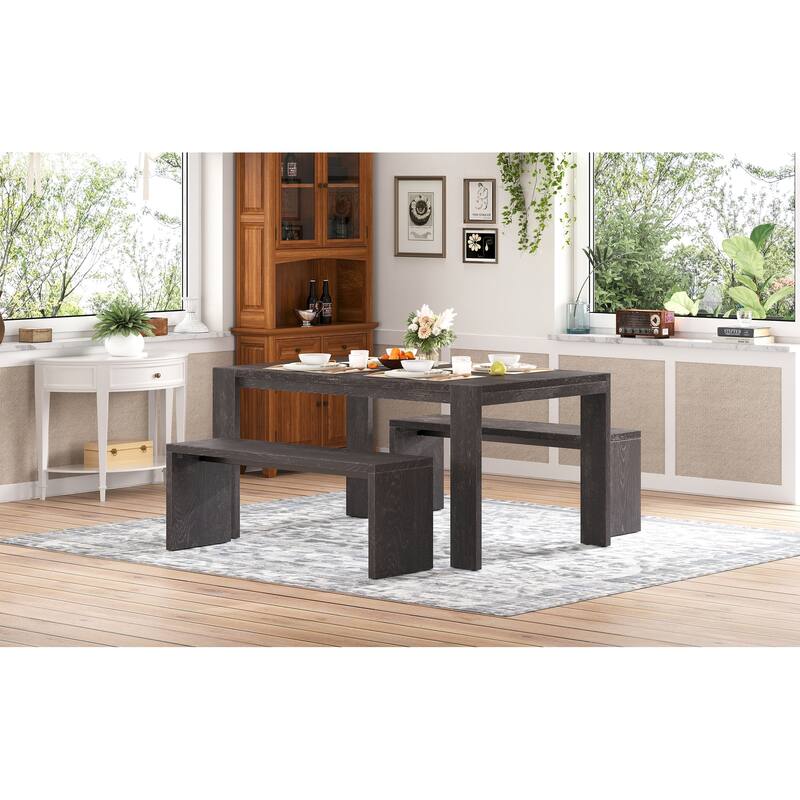 Espresso 3-Piece Rubber Wood Dining Table Set with Two Benches for Family Dining