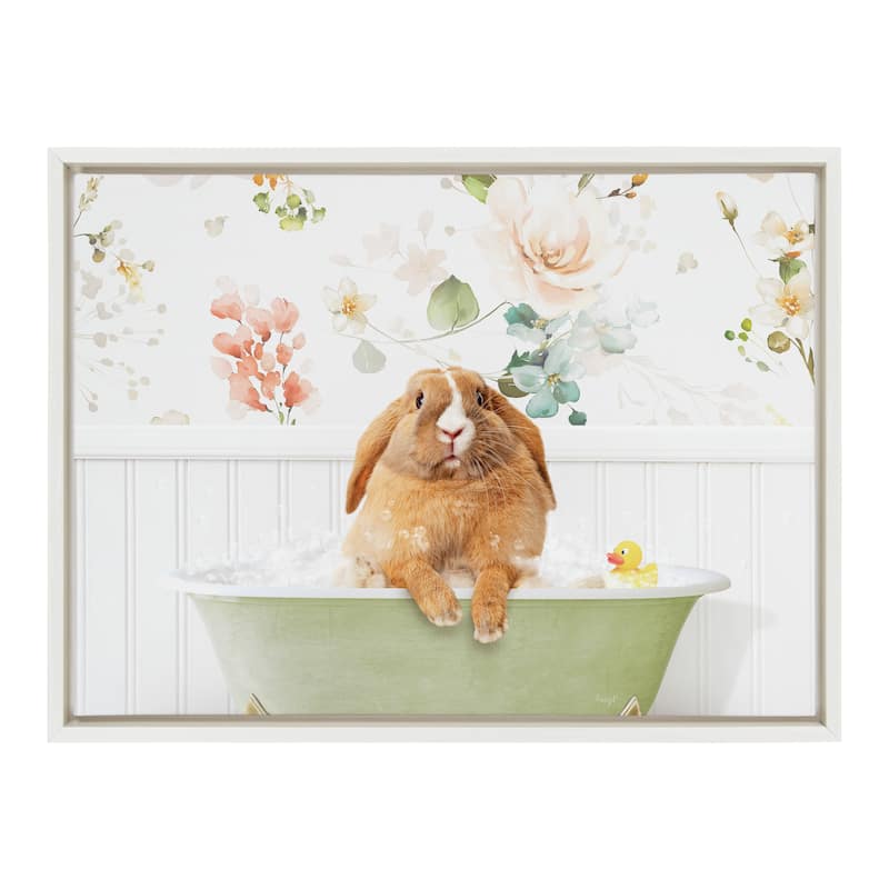 Kate and Laurel Sylvie Pudgy Bunny Bath Framed Canvas by Amy Peterson