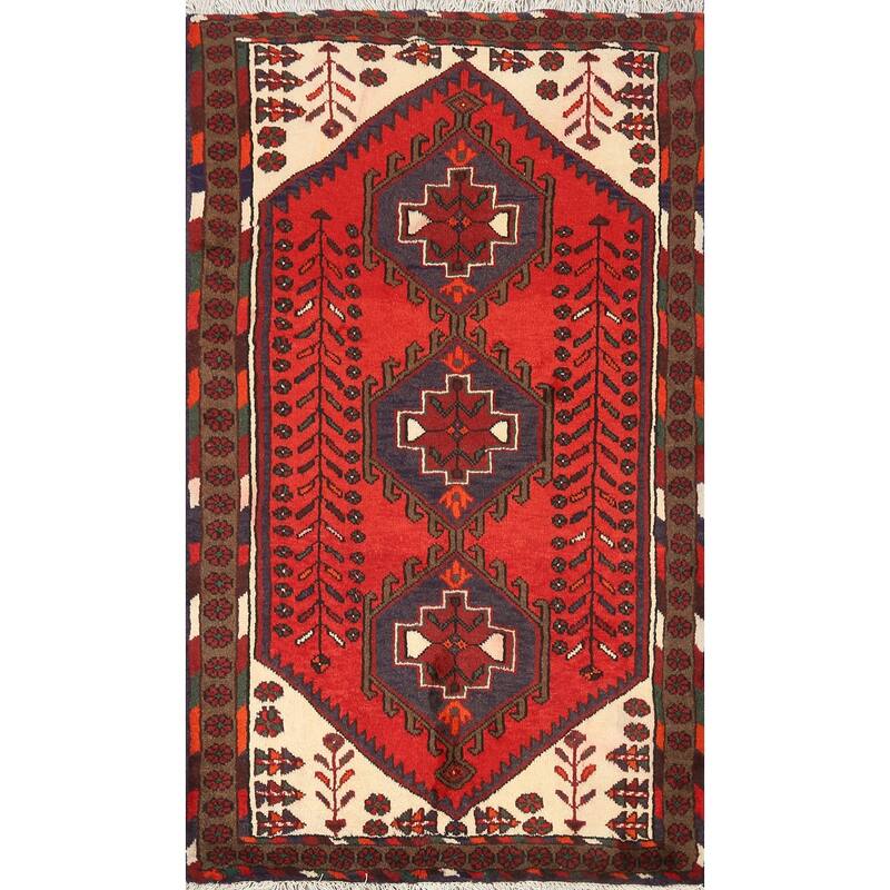 Geometric Persian Hamedan Area Rug Wool Handmade Foyer Carpet - 3'3" x 4'6"