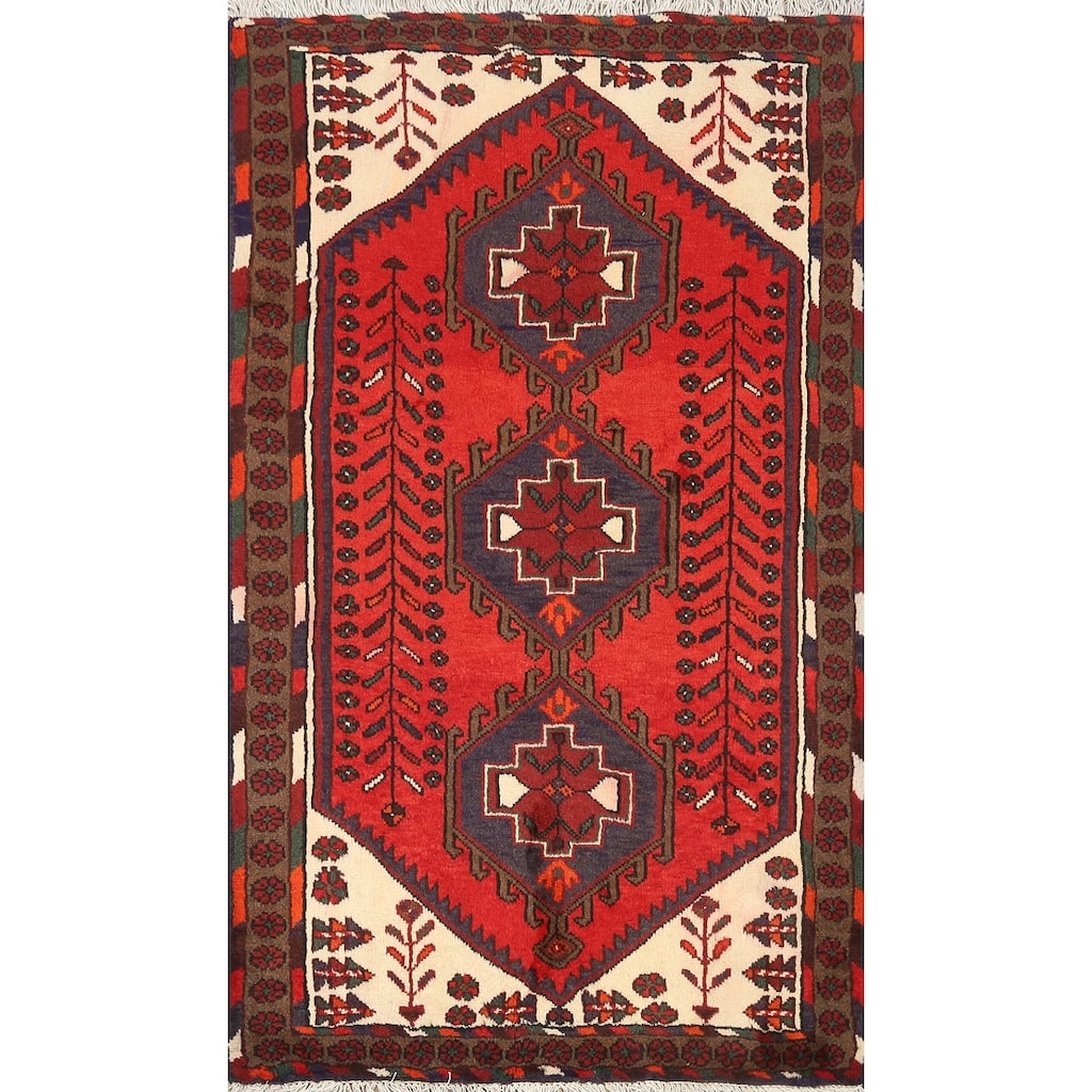 Geometric Persian Hamedan Area Rug Wool Handmade Foyer Carpet - 3'3" x 4'6"