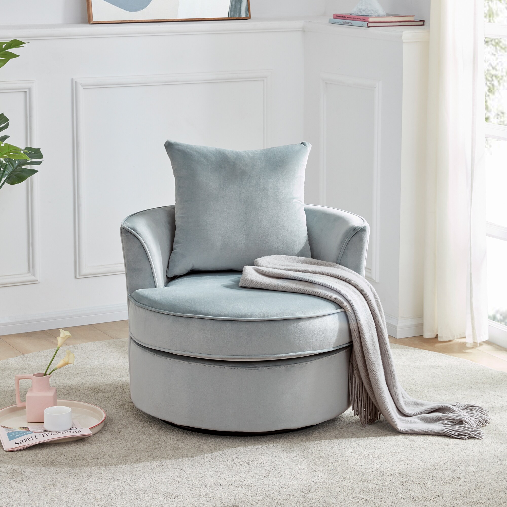 360-deg Swivel Barrel Chair with Movable Pillow Backrest, Modern Velvet Leisure Chair Round Accent for Living Room