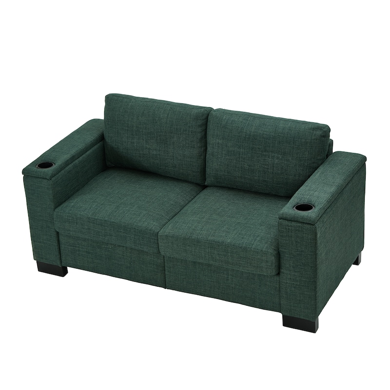 Loveseat 2 Seat Sofa Couch with Cup Holder and Storage, Vintage Sofa Chair with Square Armrests and Wood Frame