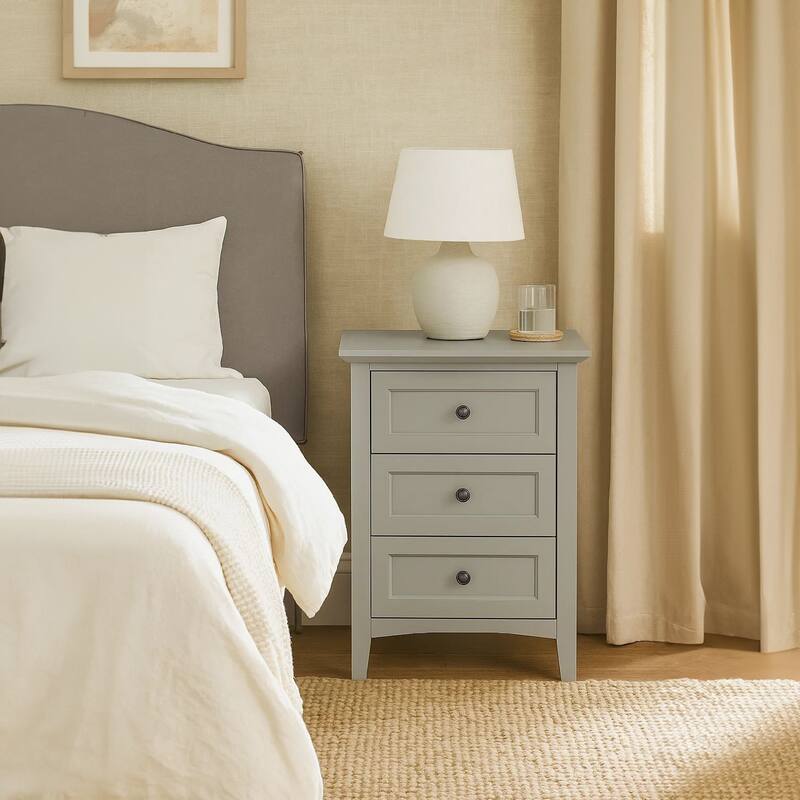 Fritz 30 Inch Bedside Nightstand, 3 Drawers, Black Round Handles, Gray Wood