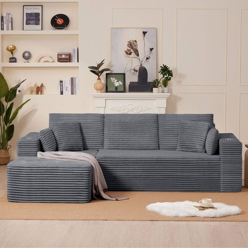 102.76" Corduroy Cloudy L Shaped Sofa with Headrests