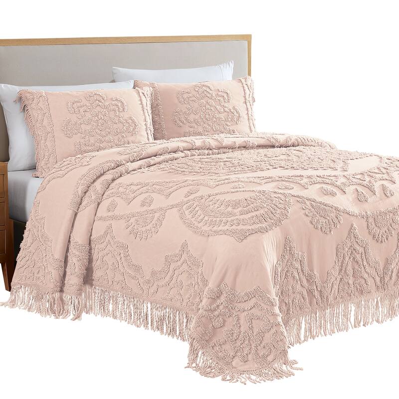 Luxurious Lotus Textured Chenille Fringe Border Bedspread