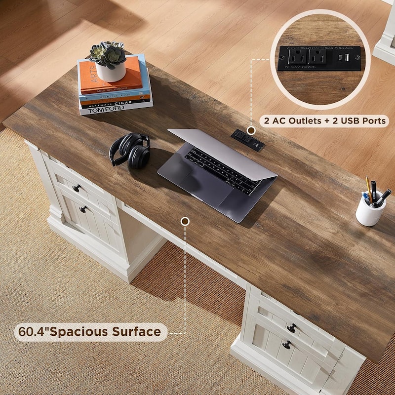 Executive Desk, Wood Office Desk with Charging Station & File Cabinet