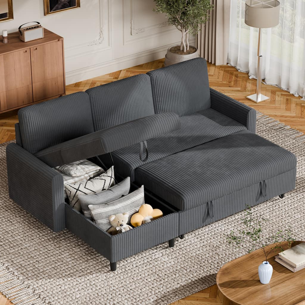 Futzca 3-in-1 Convertible Corduroy Sofa Bed with Storage, L-Shaped Sectional Couch