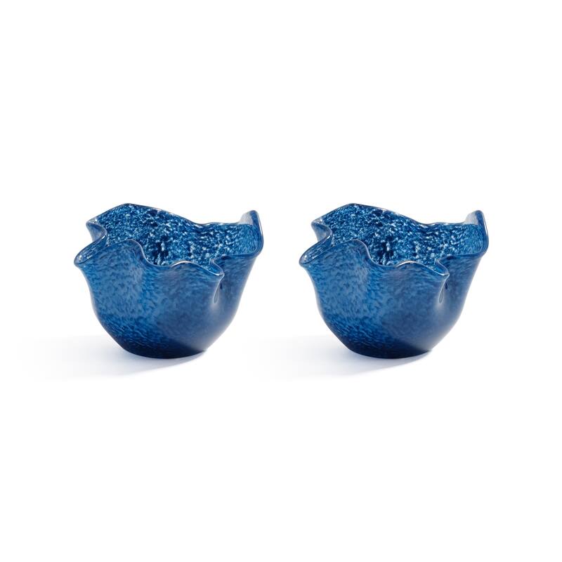Wavy Bowl Glass Tealight Candle Holders, Set of 2 - Ocean Blue