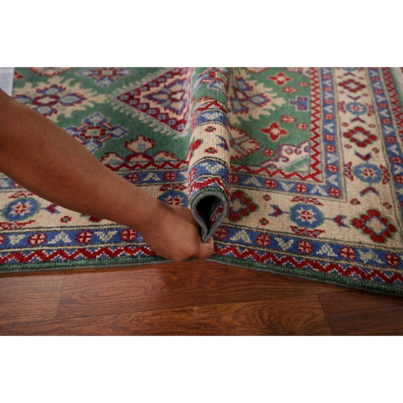 Green Geometric Kazak Oriental Accent Rug Handmade Wool Carpet - 3'4" x 4'10"