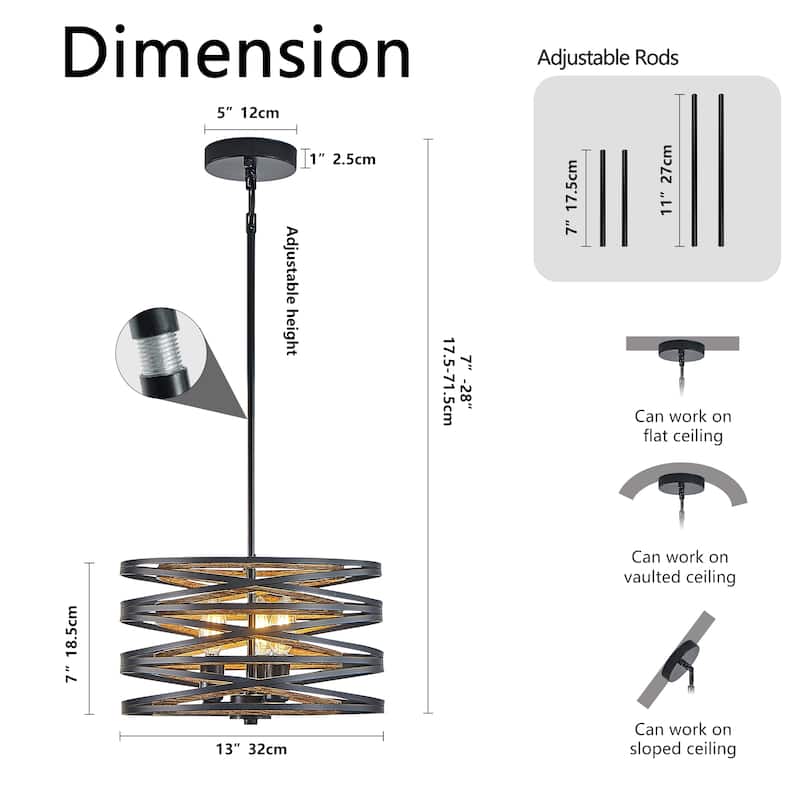 Sofucor 13/20/24 Inch Rustic Industrial Pendant Light,Black and Walnut Metal Cage Chandelier with Wood Accents for Dining Room