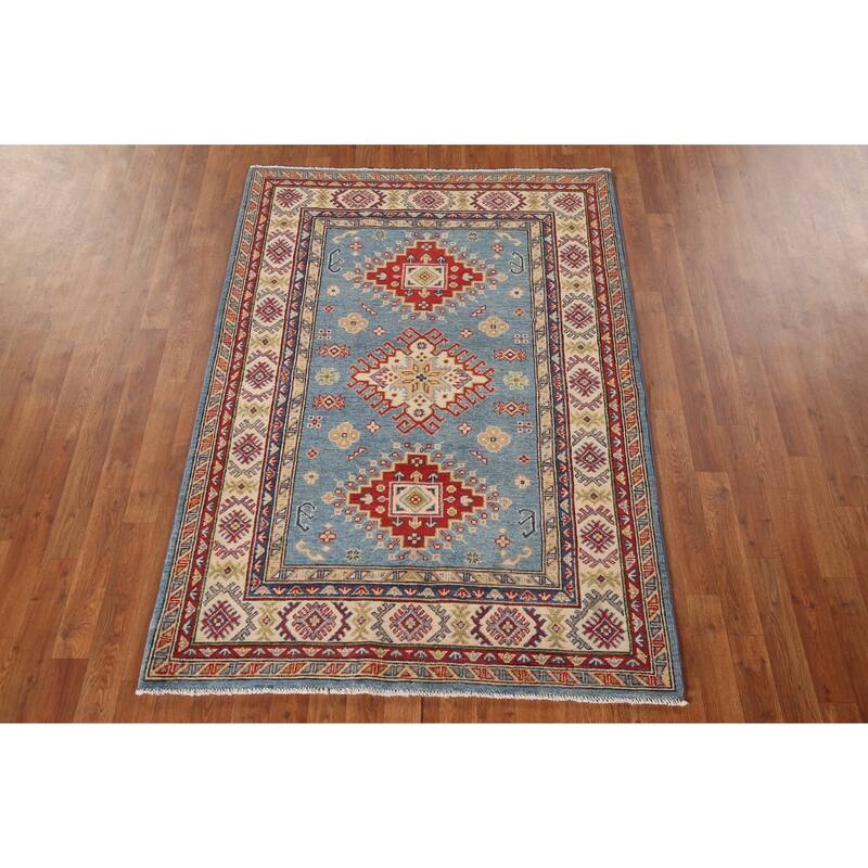 Light Blue Geometric Kazak Oriental Area Rug Handmade Wool Carpet - 4'0"x 5'11"
