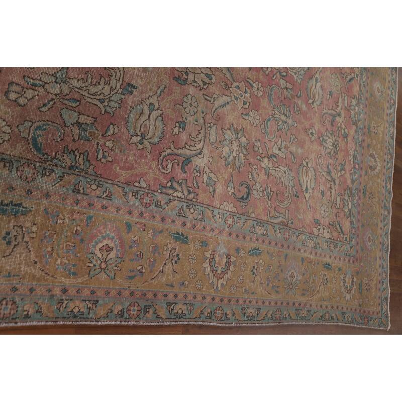 Hand Knotted Oriental 100% Wool Carpet Traditional All-Over Pink Tabriz Area Rug - 12' 8'' X 9' 7''