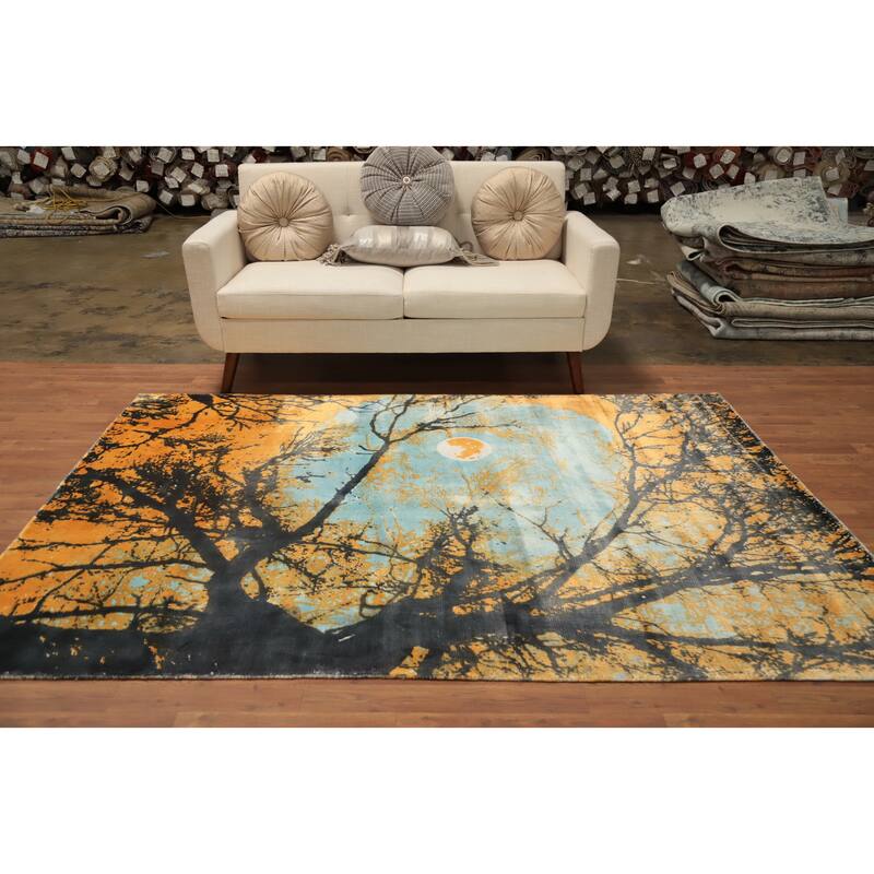 Hand Knotted Oriental Viscose Silk Carpet Modern Pictorial Multi-Colored Abstract Area Rug - 7' 9'' X 5' 6''
