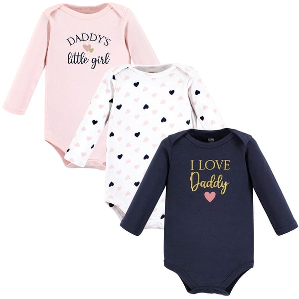 slide 1 of 1, Hudson Baby Infant Girl Cotton Long-Sleeve Bodysuits, Girl Daddy Pink Navy 3-Pack 12-18 Months - Girl Daddy Pink Navy 3-Pack