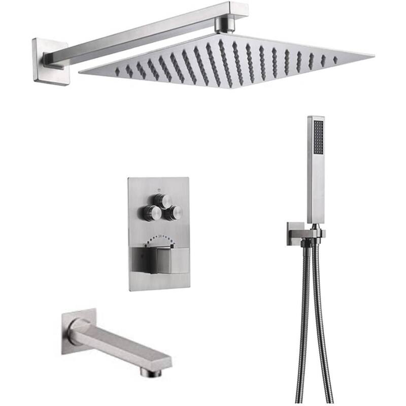 Brushed Nickel Mount 16" Rainfall Head 3 Way Thermostatic Shower Faucet Set with Body Jets - Brushed Nickel