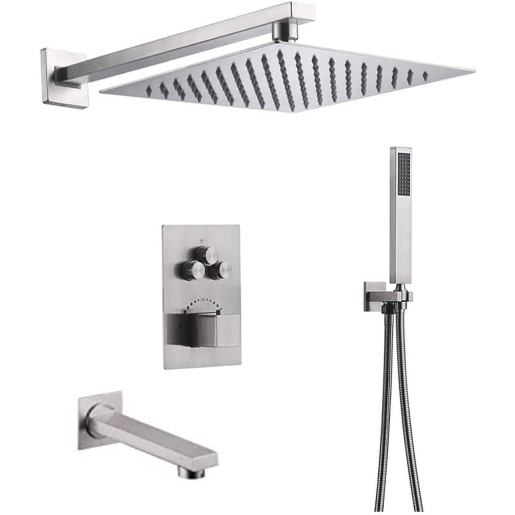 Brushed Nickel Mount 16" Rainfall Head 3 Way Thermostatic Shower Faucet Set with Body Jets - Brushed Nickel