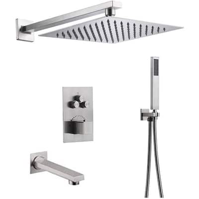 Brushed Nickel Wall Mount 12" Rainfall Shower Head 3 Way Thermostatic Faucet Set w/ Tub Spout - Brushed Nickel