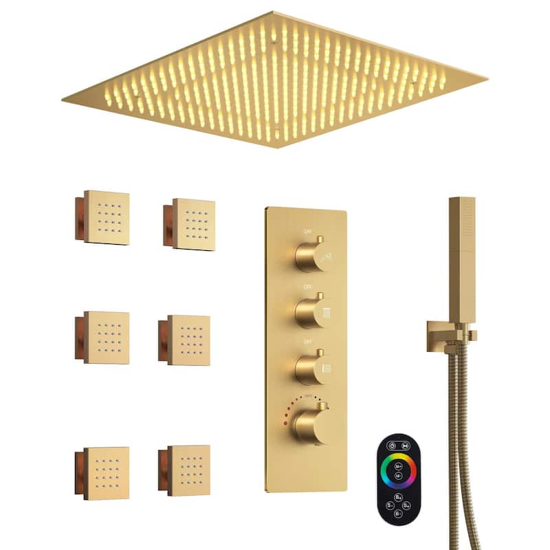 GRANDJOY LUXURY Shower Faucet System 20" Ceiling Mount LED Rainfall Shower Faucet with 6 Body Jets Handheld Spray with Hose - Brushed Gold