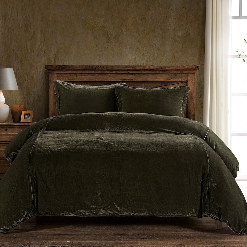 HiEnd Accents Stella Faux Silk Velvet Romantic Western 3 Piece Duvet Cover Set - Fern Green - King