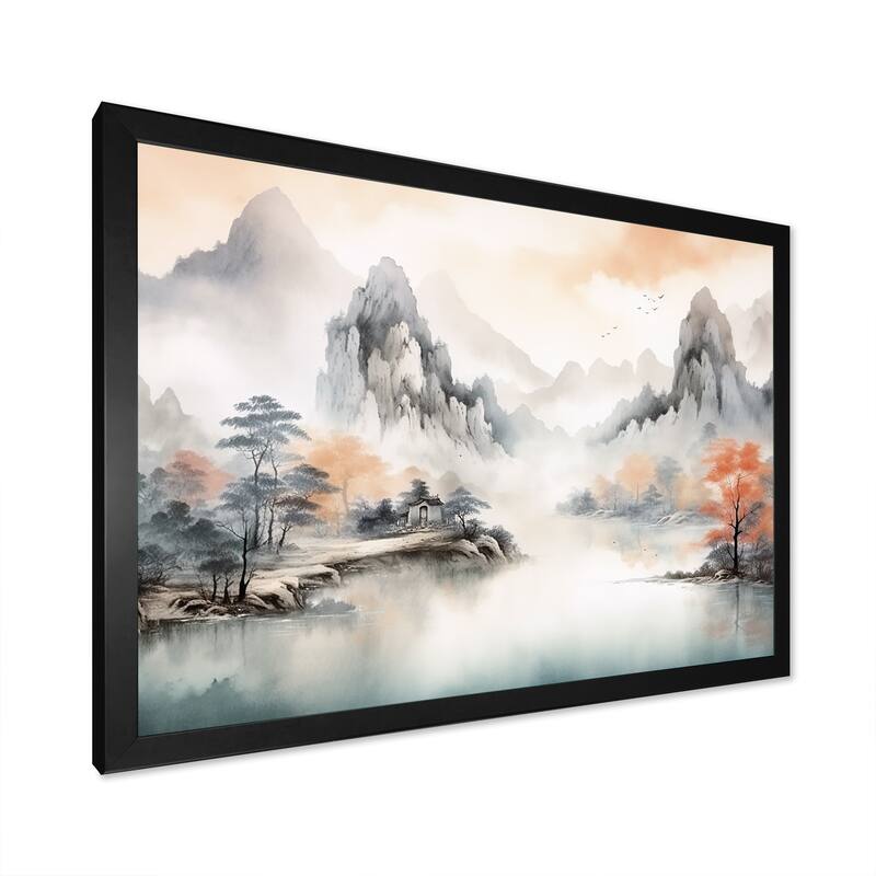 Designart "Grey Tranquil Chinese Landscape Serenity I" China Orange - Traditional Entryway Framed Wall Art Print