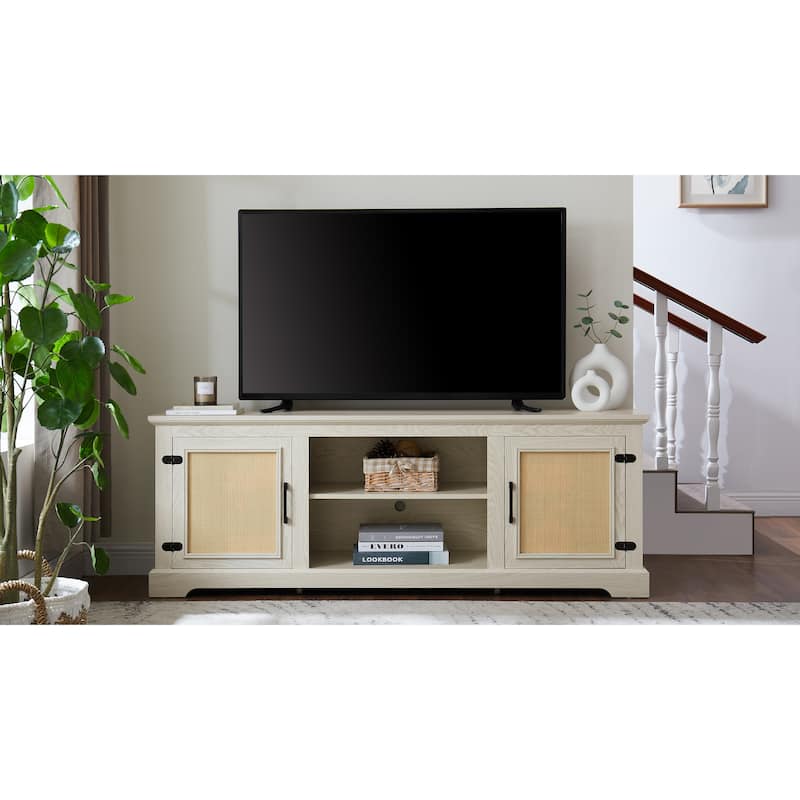 65 TV Stand with Rattan Accents and Ample Storage for 70 TVs