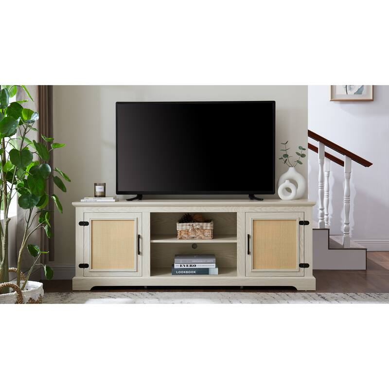 TV Stand for TVs up to 70" with Natural Rattan Doors, 2 Storage Cabinets, 3 Adjustable Shelves, Multifunctional Console Table