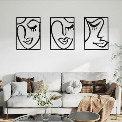 3 Piece Black Metal Wall Art Set ,Minimalist Face Line Drawing, Rectangular Frames