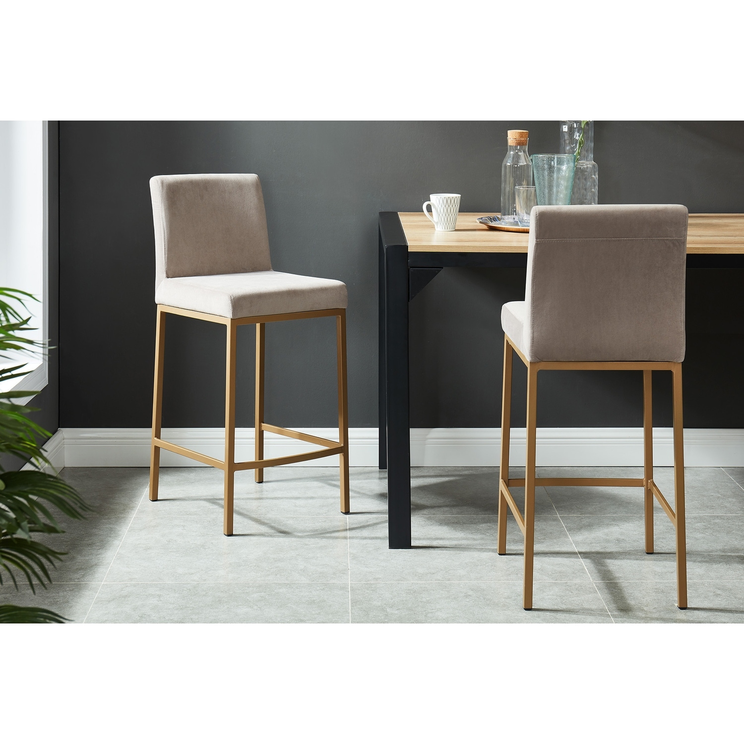 Set of 2 Bar Stools Adjustable Counter Chair Dining Desk Seat Velvet Wood Table 