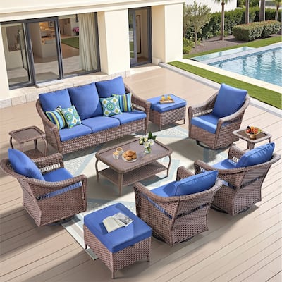 Pocassy 10 Pieces Patio Sofa Swivel Chair Table with Ottomans