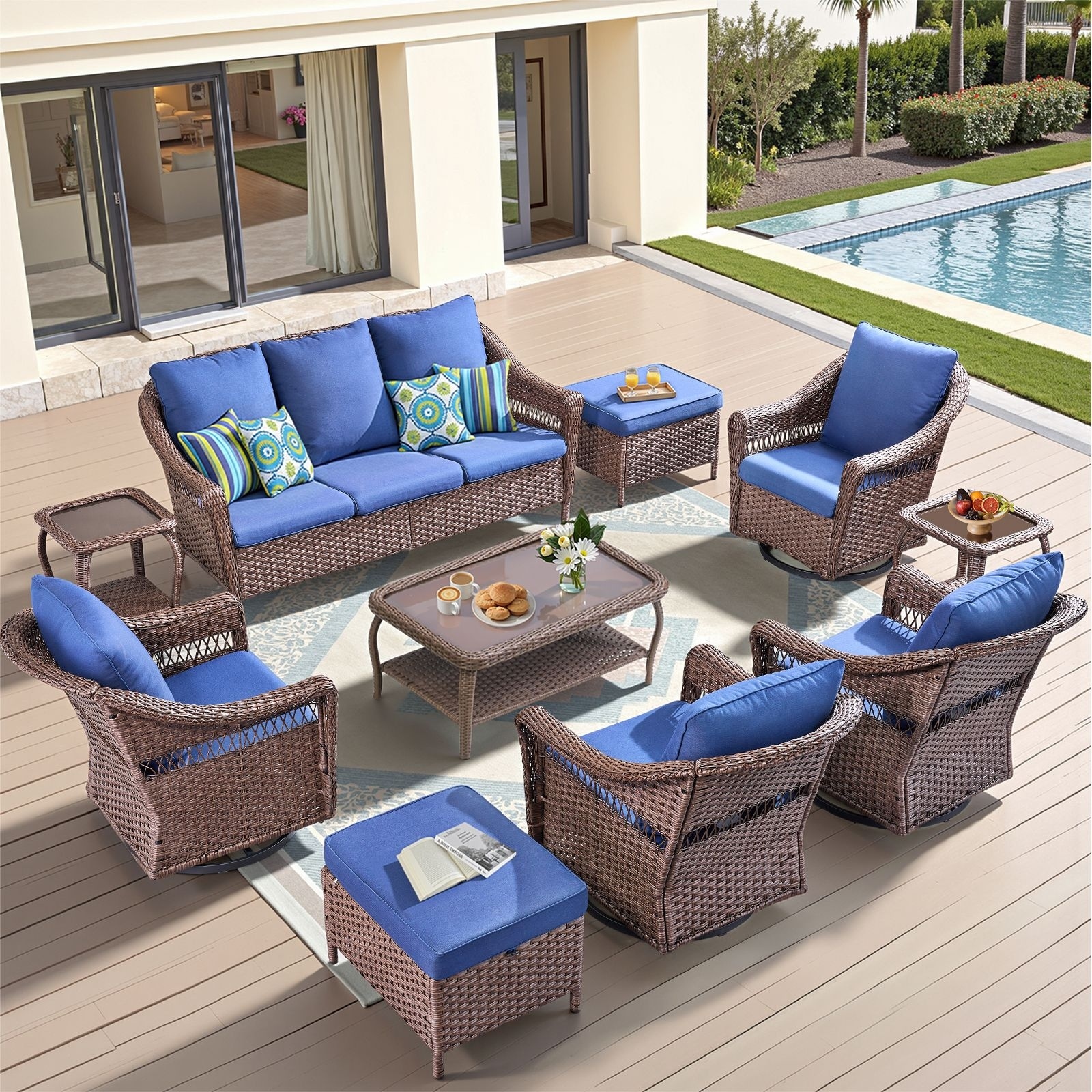 Pocassy 10 Pieces Patio Sofa Swivel Chair Table with Ottomans