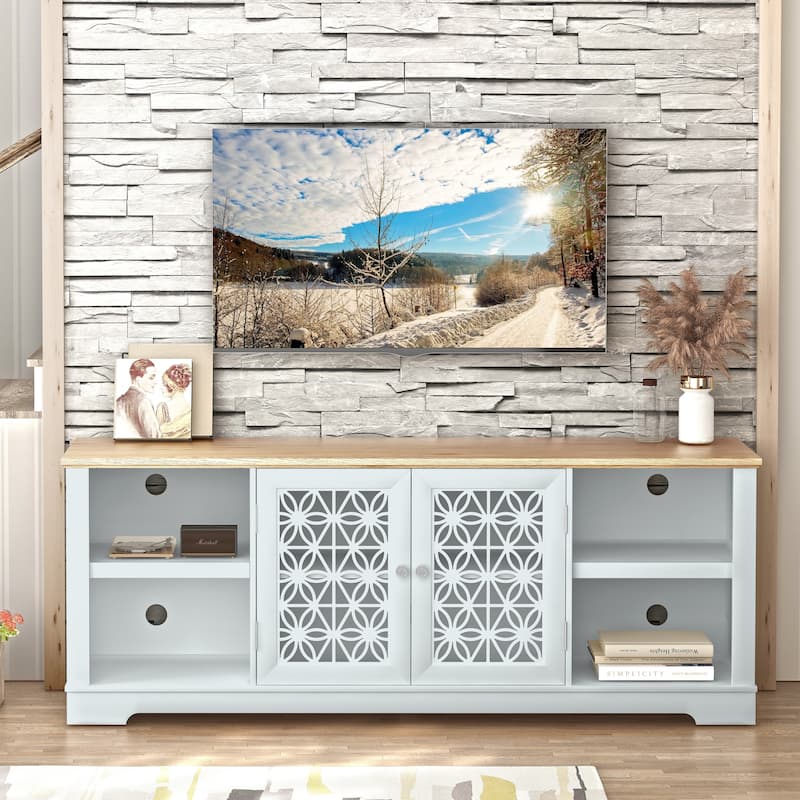 70 in. Rustic Decorative Floral Door TV Stand for up to 80" TVs - Grayish-white